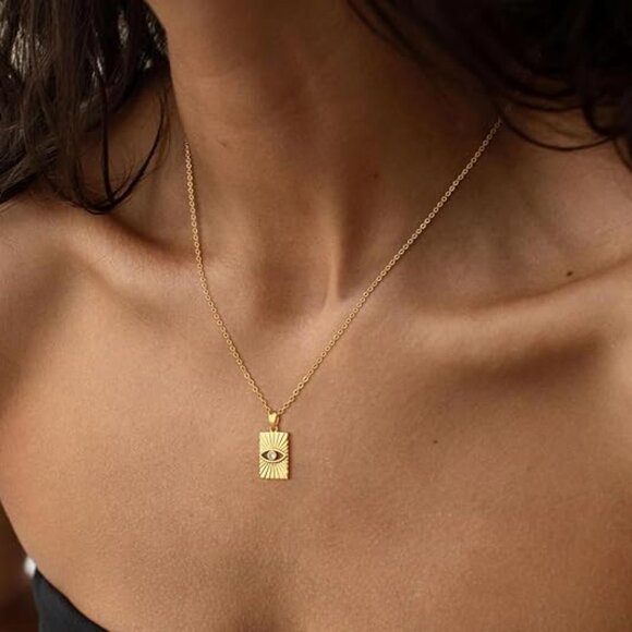 Neiman Marcus 14K Gold Plated Evil Eye Square Gold Necklace - Picture 3 of 5